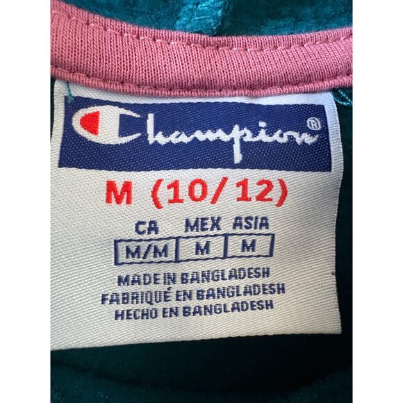 Champion Turquoise Hoodie with Pink Glitter Logo Girl's size M 10/12 - Picture 3 of 4